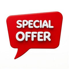 Glossy red 3d speech bubble with bold white text special offer isolated on clean background for discount advertising, holiday sales, clearance shopping, promotional marketing, and retail banners