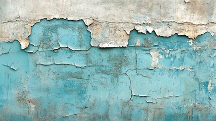 Obraz premium A weathered wall featuring peeling paint in shades of blue and gray, showcasing texture and age.