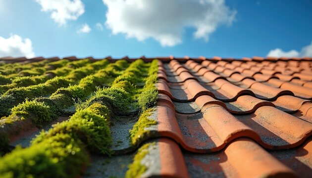 Illustration reveals tile roof transformation. Moss, lichen removal with high-pressure cleaner. Half of roof overgrown green moss, other clean orange tiles, blue sky background.