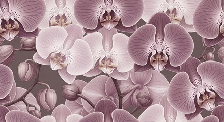 A seamless, repeating pattern of elegant dusty pink and mauve phalaenopsis orchid blossoms creating a dense floral background.