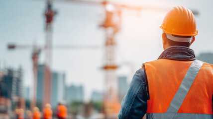 Construction supervisor wearing a safety vest at an active site, representing field management, coordination, and progress monitoring in urban development projects.
