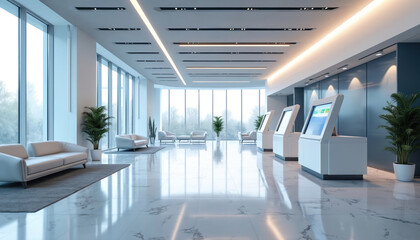 Modern bank lobby interior with self-service kiosks. Minimalist design. White marble floor. Glass windows showcase cityscape views. Comfortable chairs, sofas. Corporate setting, digital screens,