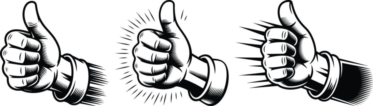 Thumbs Up Hand Gestures Set, Retro Approval Symbols Vector Illustration.