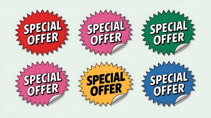 Six special offer stickers isolated on white background