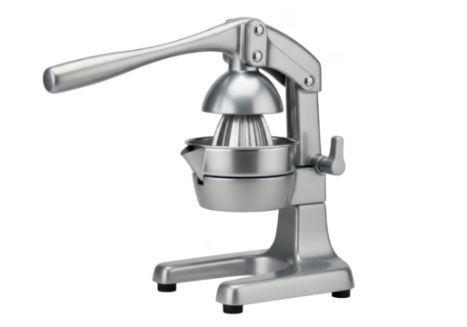 Silver manual citrus juicer with ribbed cone and spout on background metal
