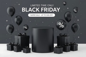 Black friday promotional background showing 3d render of wrapped boxes, elegant ribbons, floating balloons and center podium on a white backdrop, perfect for limited time online shopping ads and offer