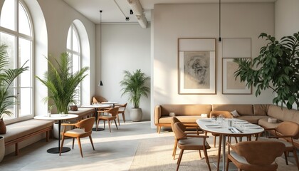 Fototapeta premium Modern gallery restaurant interior. White walls, stylish furniture, green plants, large windows, wood, concrete elements. Retro art, sunlight, empty tables. Cafe, eatery design. Minimalist style,