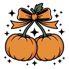 Pumpkin,  Vector illustration of a two-pumpkin fruit with a bow and star drawing art.