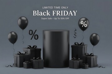 Black friday marketing banner featuring 3d render of black presents, floating balloons, elegant round podium and white background for online shopping, ecommerce design and limited time discount promo