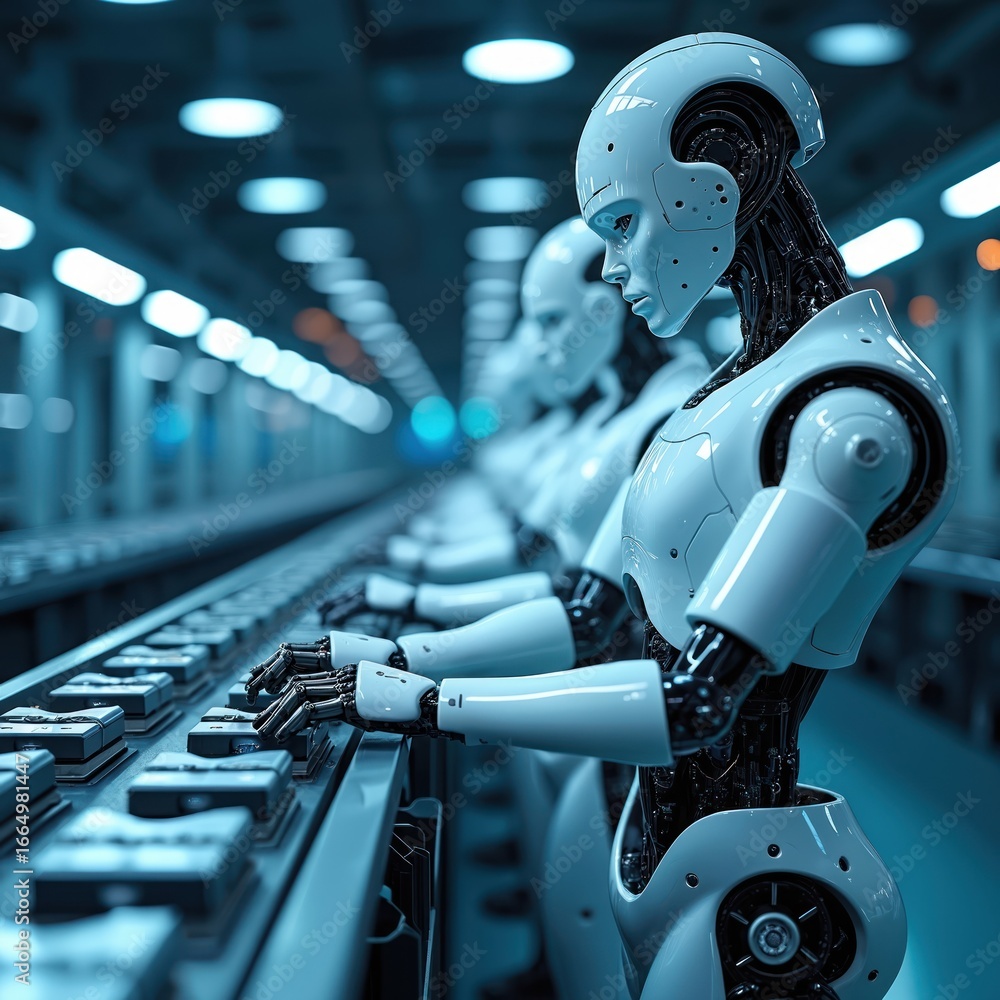 Poster robot factory scene with three robots on conveyor belt. central robot wears white helmet, black glov