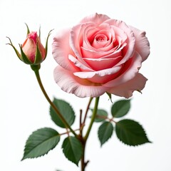 Obraz premium Pink rose blossom on white backdrop. Delicate petals, green leaves detail. Ideal for romance, love, beauty, wedding designs. Isolated flower perfect for greeting cards, Valentine Day decor.