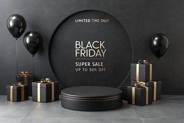 Black friday ecommerce advertising template with stylish black gift packages, gold ribbon bows, round podium stage and circle backdrop, minimal dark 3d render for limited time retail offers and online