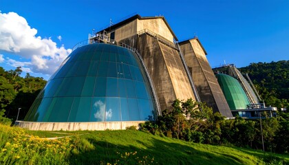 Modern, glass-enclosed, concrete treatment facility against a backdrop of lush greenery and a clear sky.