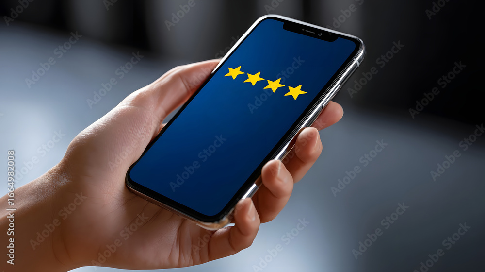 Poster smartphone displaying mobile app with star rating review