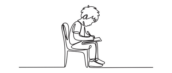 Single one line drawing Cute little boy sitting on chair writing on notebook doing his homework. Student concept. Continuous line draw design. Vector black silhouette. with white background