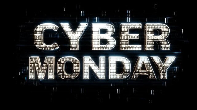 distorted title CYBERMONDAY with pixel glitches and floating code on a dark screen