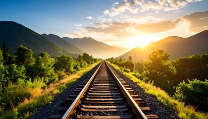 Fototapeta premium Sunset Railway Tracks Mountain View.