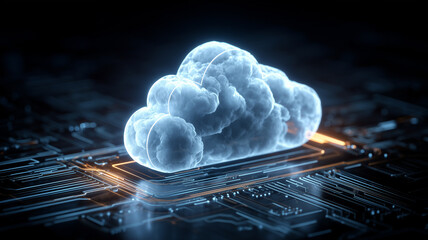 Digital cloud resting on a circuit board, symbolizing cloud computing powered by secure infrastructure for fast data processing, storage, and enterprise scalability across modern digital operations.
