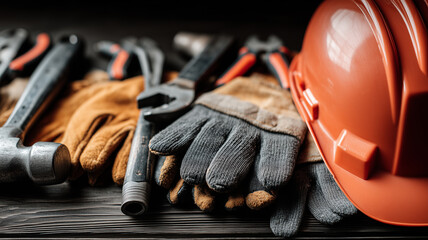 Protective gloves, sturdy tools, and a hard hat arranged on a workbench, representing safety culture, skilled labor, and reliable equipment for construction, maintenance