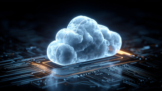 Digital cloud resting on a circuit board, symbolizing cloud computing powered by secure infrastructure for fast data processing, storage, and enterprise scalability across modern digital operations.
