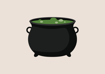 Black cauldron filled with bubbling green liquid, witch potion boiling for Halloween spooky magic decoration. Flat vector illustration
