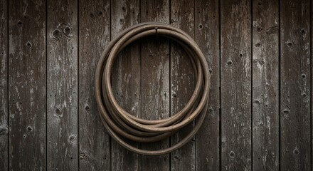 Fototapeta premium Garden hose coiled for storage on rusty nail against peeling shed wall in gritty natural lighting