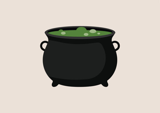 Black cauldron filled with bubbling green liquid, witch potion boiling for Halloween spooky magic decoration. Flat vector illustration