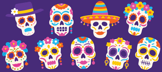 Celebrate Día de Muertos with vibrant sugar skulls art, perfect for festive designs and cultural themes