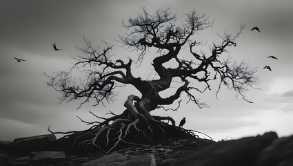 A haunting black and white cinematic tree with twisted branches and roots silhouetted against a cloudy sky in dramatic contrast.