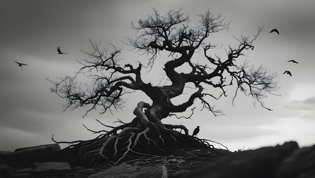 A haunting black and white cinematic tree with twisted branches and roots silhouetted against a cloudy sky in dramatic contrast.