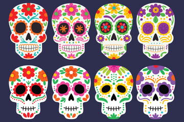 Obraz premium Celebrate Dia de los Muertos with vibrant sugar skulls and colorful floral designs for a festive backdrop