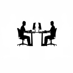 Programmer sitting at dual monitor desk, one hand on mouse silhouette on white background