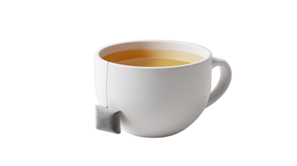 White Ceramic Mug Filled with Golden Herbal Tea and Tea Bag.