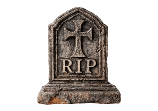 Stone tombstone with cross and rip inscription on transparent background, PNG