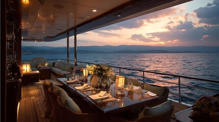 Awesome photo of elegant dining on a luxury yacht offers scenic sunset views.