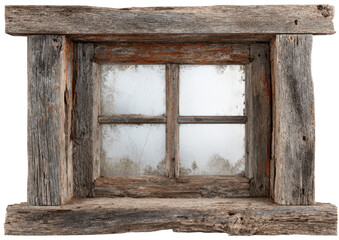 Rustic wooden window frame.  Frosted windowpane.  Aged wood