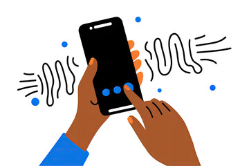 Two hands hold a phone, fingers touching the screen.  Simple, digital illustration of interaction