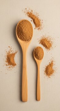 Two wooden spoons filled with spice powder, scattered on a textured linen background