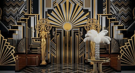 Opulent Art Deco Stage with Gold, Black Patterns, and Feathers.