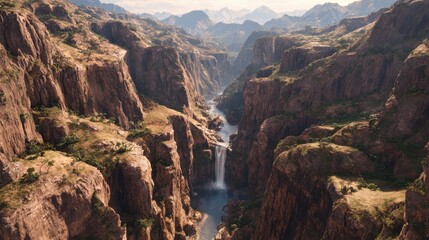 Aerial view of canyon waterfall, mountains background, travel poster