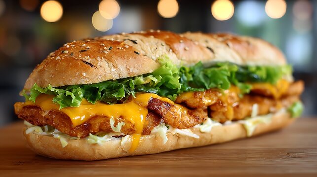 Awesome photo of footlong sandwich features crispy chicken strips, fresh lettuce, melted cheese sauce on sesame seed bun.