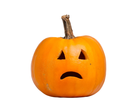 Sad jack-o'-lantern with upside-down triangle eyes on transparent background, PNG