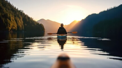 Person kayaking against mountain backdrop, perfect for adventure blog or environmental content