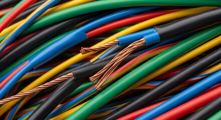 Close-up of colorful electrical wires, industrial copper cables, and wiring for technology and power connections