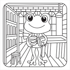 Cartoon Frog in Library with Books