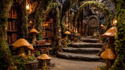Enchanted forest library, mystical, bookshelves
