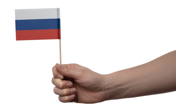 close-up of a person’s hand holding a small Russian flag on a stick, isolated on transparent png