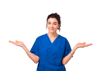 Young woman nurse in blue scrubs smiling with arms outstretched on transparent background, PNG
