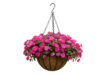 Hanging basket with pink impatiens flowers isolated PNG with Transparent Background