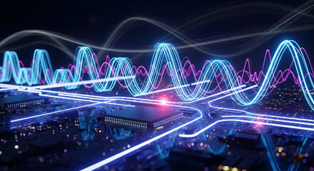 Obraz premium Advanced electronic motherboard with glowing blue and purple light waves